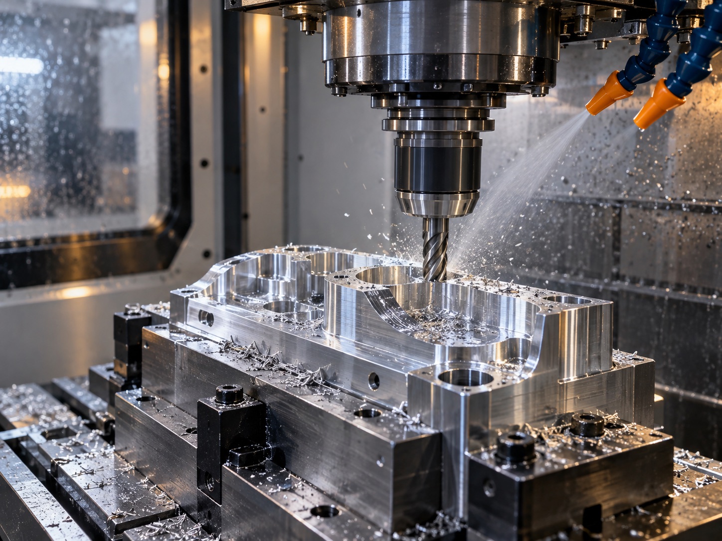A vertical machining centre milling an aluminium component